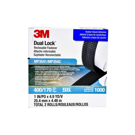 3M Dual Lock Reclosable Fastener MP3541/MP3542, SJ3542, Black, 1 in x 5 yd, Type 400/170, General Use, Durable for Repeated Opening and Closings, Pressure Sensitive Adhesive