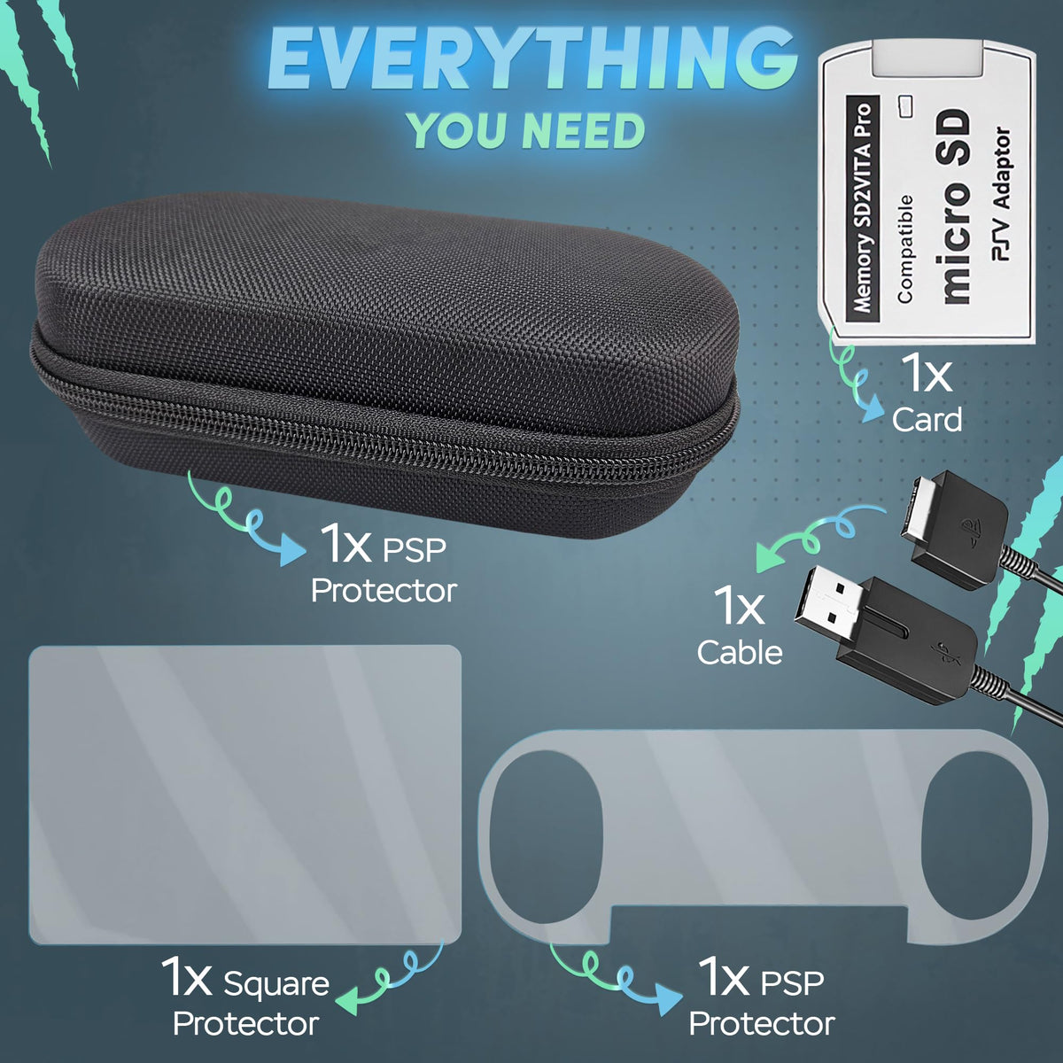 Skywin Four-in-One Kit For PS Vita 2000 Includes PS Vita Case, Front and Back Protector, Adapter Charger Cable, and Micro SD Memory Card, Compatible with PS Vita 2000 Slim, Carrying Case,Travel Pouch