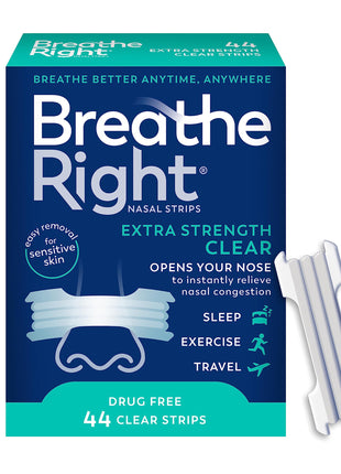 Breathe Right Nasal Strips, Extra Strength, Nasal Congestion, Clear, 44ct | Opens nose and increases nasal airflow, helps relieve nasal congestion for better breathing, drug-free, use anytime, anywhere