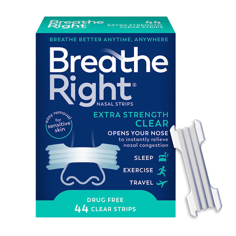 Breathe Right Nasal Strips, Extra Strength, Nasal Congestion, Clear, 44ct | Opens nose and increases nasal airflow, helps relieve nasal congestion for better breathing, drug-free, use anytime, anywhere