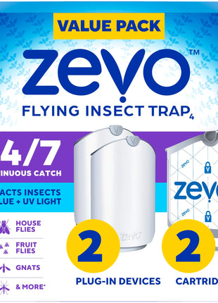 Zevo 2 Flying Insect Traps & 2 Refill Cartridges   Plug in Fly Trap & Indoor Bug Catcher for Gnats, House & Fruit Flies   Blue & UV Light Technology, Mess Free Alternative to Bug Zapper