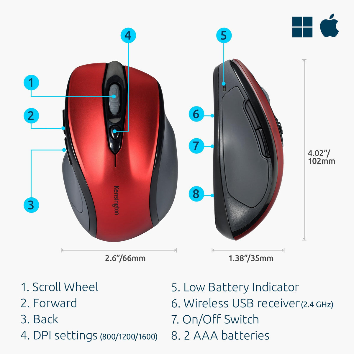 Kensington Pro Fit Mid-Size Wireless Mouse, Ruby Red (K72422AM)