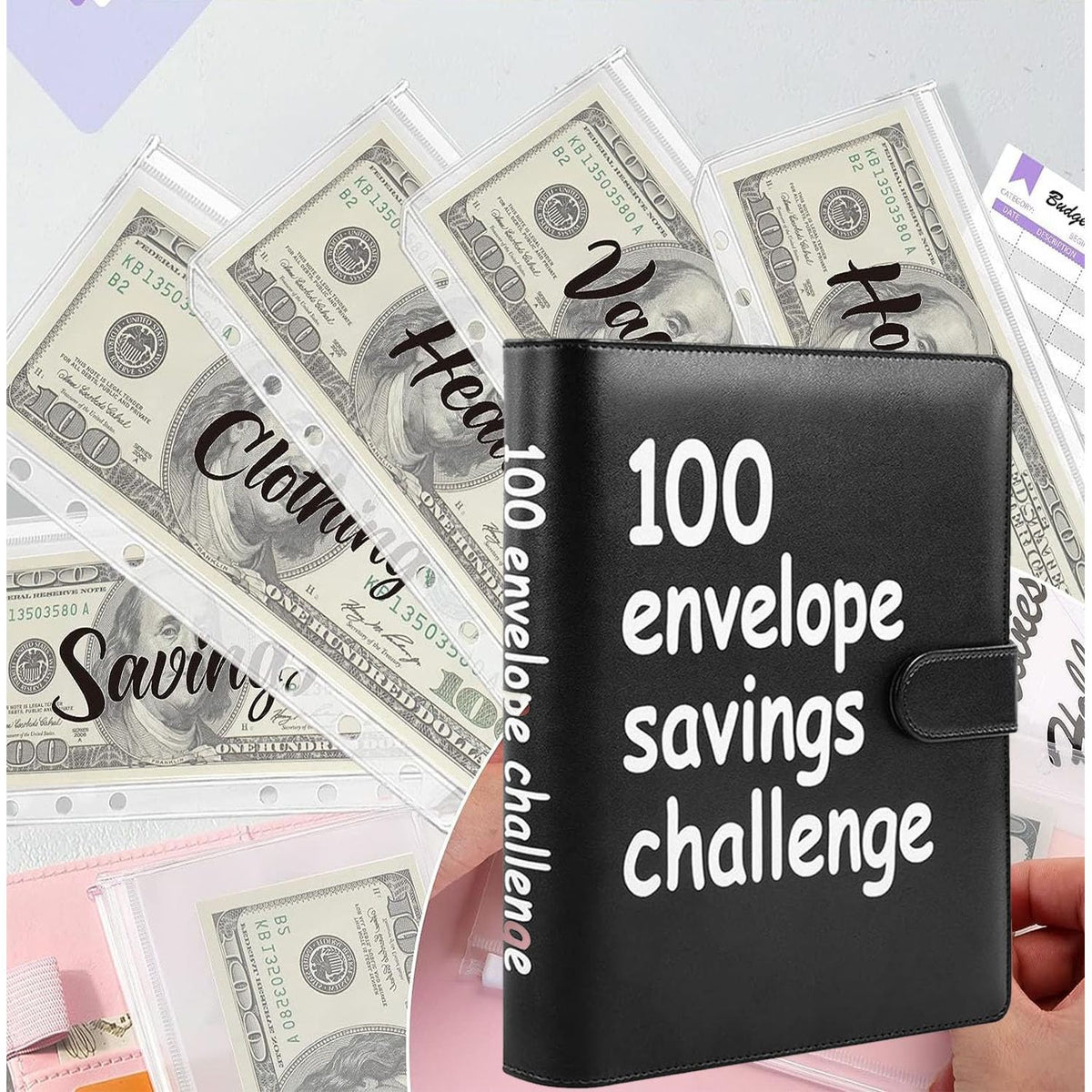 100 Envelopes Money Saving Challenge, 100 Envelope Challenge Binder, Easy and Fun Way to Save $5,050, Savings Challenges Budget Book Binder with Cash Envelopes for Office,Home,School (Black)