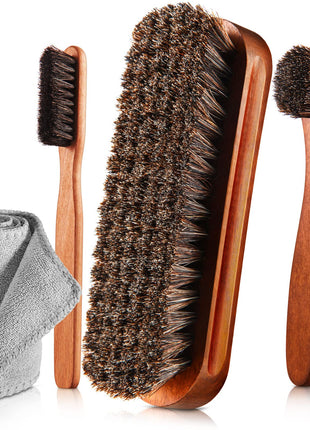 4 Pcs Horsehair Shine Shoes Brush Kit Polish Dauber Applicators Cleaning Leather Shoes Boots Care Brushes Suede Cleaner Brush with Microfiber Shoe Cloth(4 Pcs Style A)