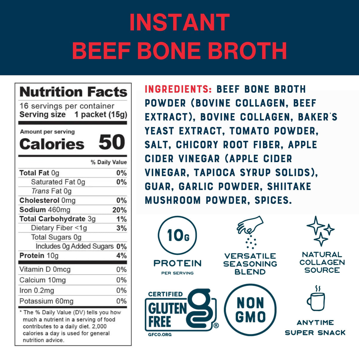 Bare Bones Beef Bone Broth Instant Powdered Mix | Rich Savory Packets on-the-Go No Artificial Flavors | Keto & Paleo Friendly | 10g Protein | 16 Pack