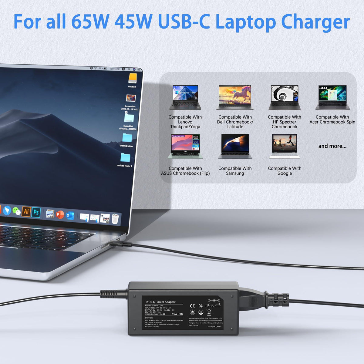VJYUIJAY Universal 65W 45W Chromebook Charger USB C Laptop Charger Compatible with HP Lenovo Dell Acer Asus Samsung Google Computer Type C Fast Power Adapter School