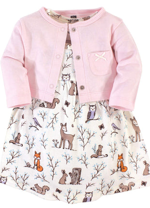 Hudson Baby Girls' Cotton Dress and Cardigan Set, Enchanted Forest, 18-24 Months