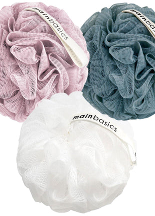 MainBasics Shower Loofah Sponge Pouf, Set of 3, Airy Blossom | Soft Mesh Body Scrubber and Bath Sponge for Gentle Exfoliation, Rich Lather, and Everyday Shower Use