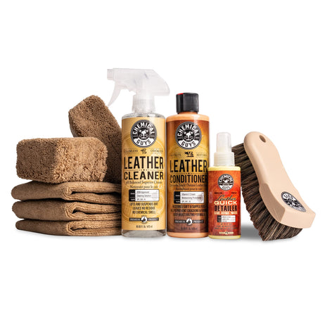 Chemical Guys Leather Cleaner and Conditioner Detailing Kit - Leather Care Kit For Natural, Synthetic, Faux, Pleather, and More for Car Interiors, Apparel, Furniture, Boots & Accessories - 9 Items