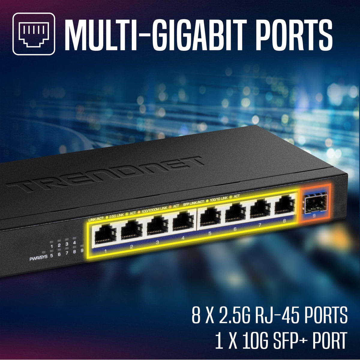 TRENDnet 9-Port Unmanaged 2.5G Switch with 10G SFP+ Port, TEG-S5091, 8 x 2.5GBASE-T Ports, 60Gbps, Wall Mountable, Ethernet Splitter, NDAA & TAA Compliant, Lifetime Protection, Black