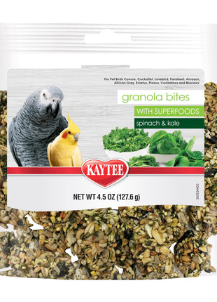Kaytee Granola Bites with Super Foods Spinach and Kale for Pet Birds, Conure, Cockatiel, Lovebird, Parakeet, Amazon, African Grey, Ecletus, Pionus, Cockatoos and Macaws, 4.50 Ounce (Pack of 1)