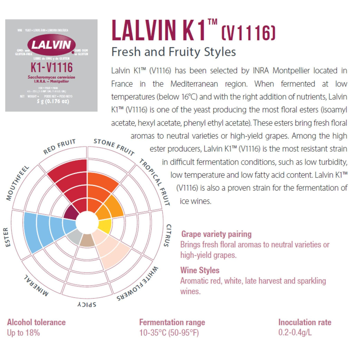Lalvin K1-V1116 Wine Yeast (5 Pack) - Make Wine Cider Mead Kombucha At Home - 5 g Sachets - Saccharomyces cerevisiae - Sold by CAPYBARA Distributors Inc.