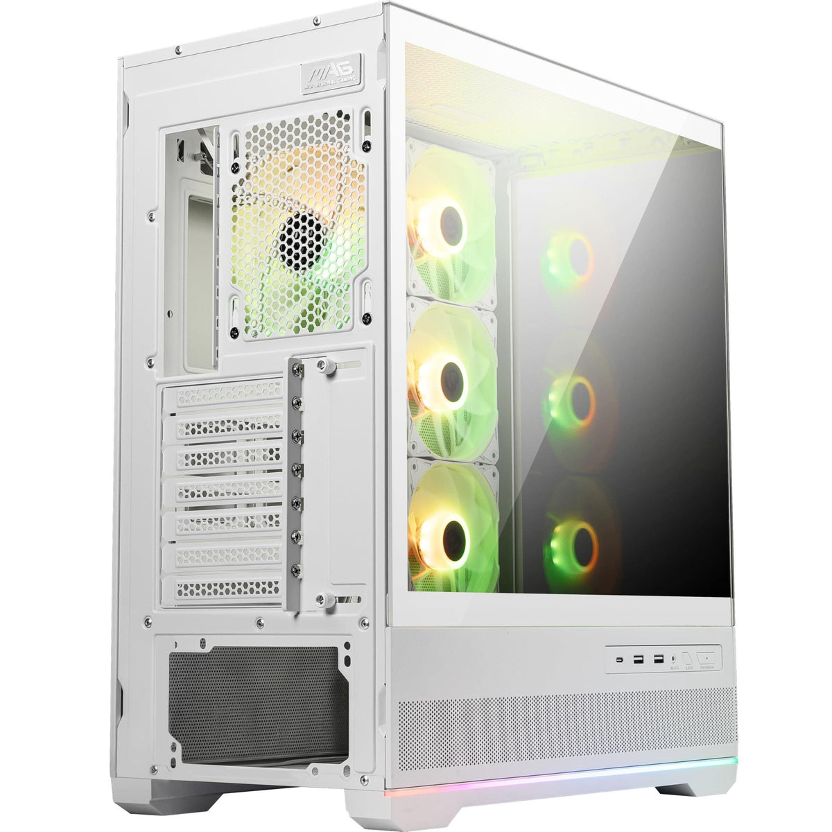 MSI MAG PANO 110R PZ White - Mid-Tower Gaming PC Case - Tempered Glass Side Panel - 3 x 120mm ARGB Fans - Liquid Cooling Support up to 360mm Radiator - Mesh Panel for Optimized Airflow