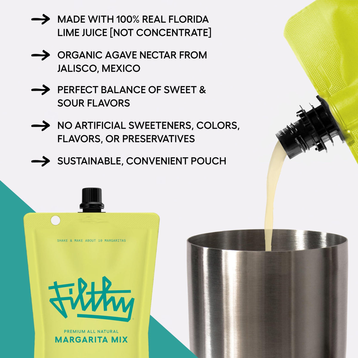 Filthy Margarita Mix, Premium Cocktail Mixer, All-Natural, Non-GMO, Vegan & Gluten-Free, Made with 100% Fresh Florida Lime Juice and Organic Agave Nectar from Jalisco Mexico, 32 Oz Pouch