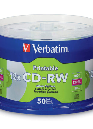 Verbatim CD-RW 700MB 2X-4X DataLifePlus Silver Inkjet Printable with Branded Hub - 50pk Spindle - 95159