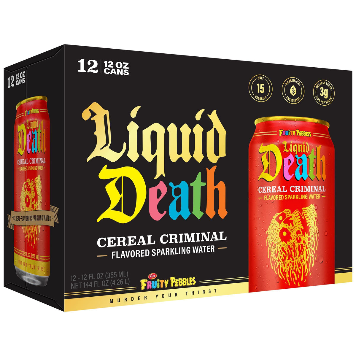 Liquid Death, Cereal Criminal, Fruity Pebbles-Flavored Sparkling Water, 12-Pack (12oz Cans), Low Calorie & No Artificial Sweeteners