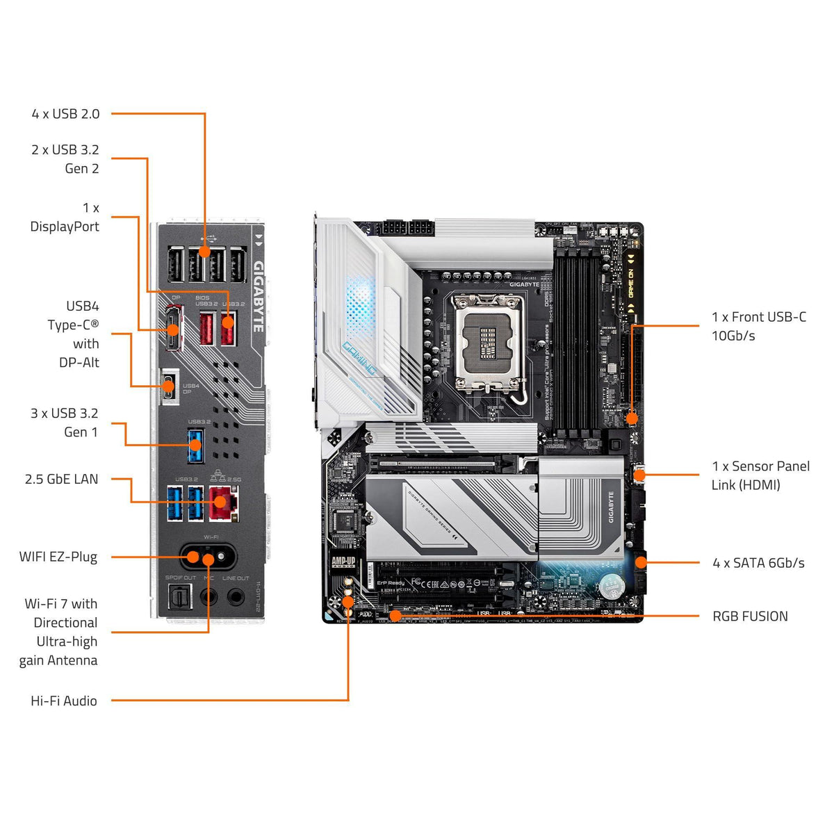 GIGABYTE Z890 Gaming X WIFI7 Intel Core Ultra (Series 2) LGA 1851 Motherboard, ATX, DDR5, 4X M.2, PCIe 5.0, USB4, WIFI7, 2.5GbE LAN, EZ-Latch