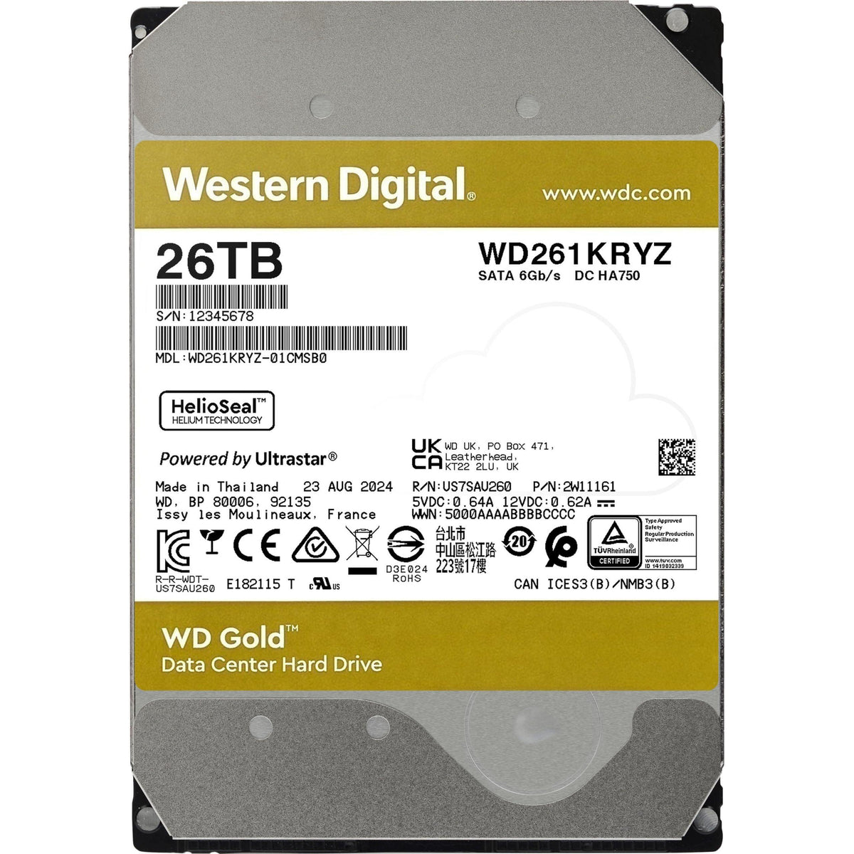 Western Digital 26TB WD Gold Enterprise Class SATA Internal Hard Drive HDD - 7200 RPM, SATA 6 Gb/s, 512 MB Cache, 3.5" - WD261KRYZ