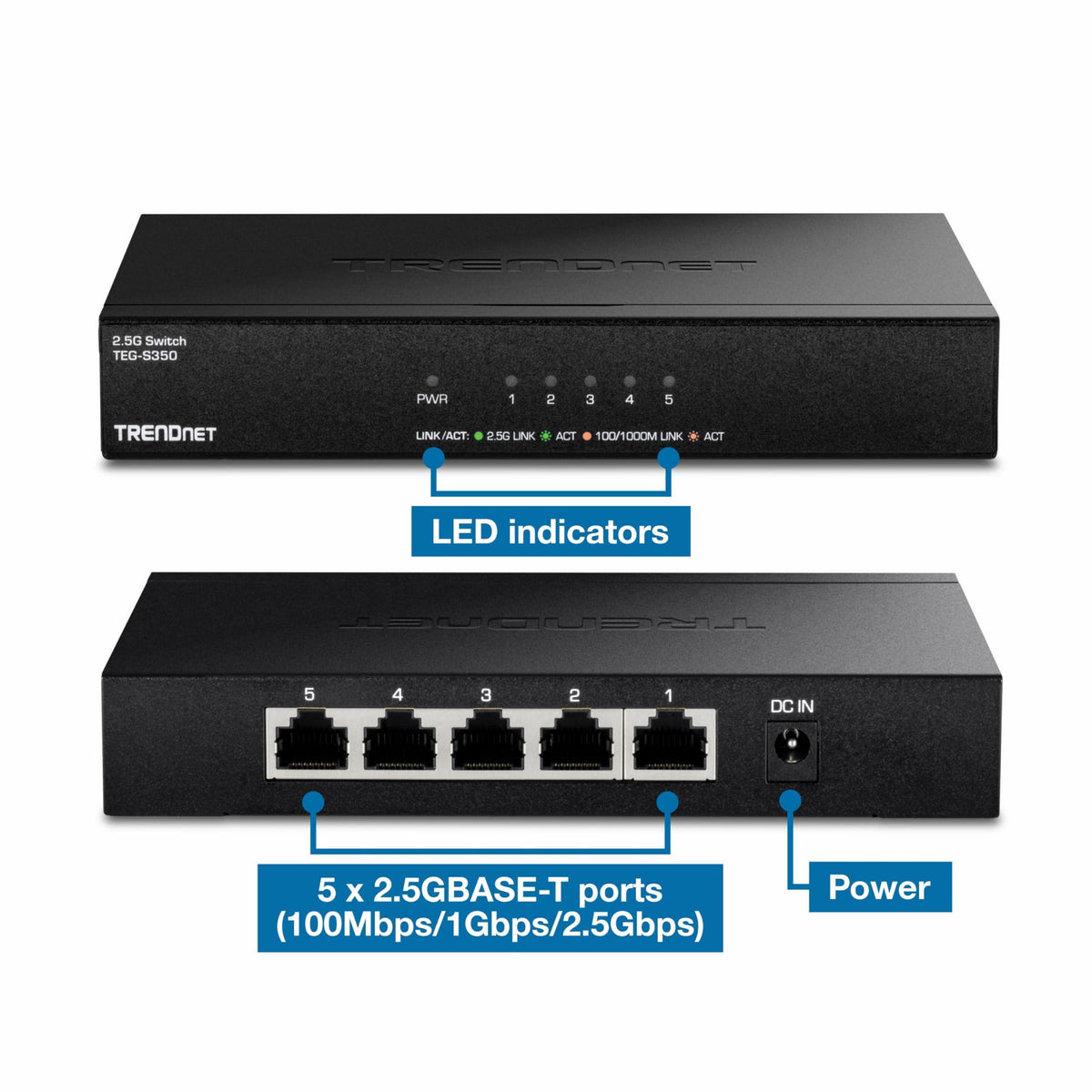 TRENDnet 5-Port Unmanaged 2.5G Gaming Switch, TEG-S350, 5 x 2.5GBASE-T Ports, 25Gbps Switching Capacity, Ethernet Splitter, NDAA & TAA Compliant, Fanless, Wall Mountable, Lifetime Protection, Black