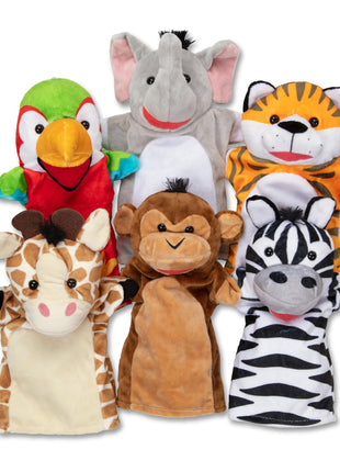 Melissa & Doug Safari Buddies Hand Puppets, Set of 6 (Elephant, Tiger, Parrot, Giraffe, Monkey, Zebra) Soft, Plush Puppet, Stuffed Animals, Pretend Play Toddler Toys for Girls & Boys 2+
