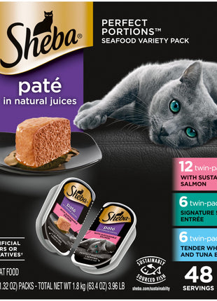 Sheba Perfect Portions Wet Cat Food Pate with Sustainable Salmon, Signature Seafood Entree, and Tender Whitefish and Tuna Entree Variety Pack, 2.6 oz. Twin Pack Trays (24 Count, 48 Servings)