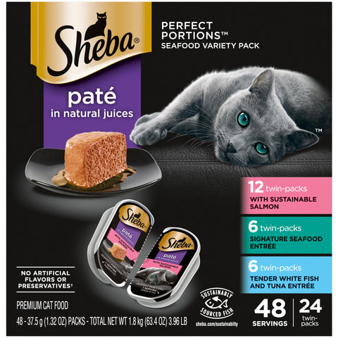 Sheba Perfect Portions Wet Cat Food Pate with Sustainable Salmon, Signature Seafood Entree, and Tender Whitefish and Tuna Entree Variety Pack, 2.6 oz. Twin Pack Trays (24 Count, 48 Servings)