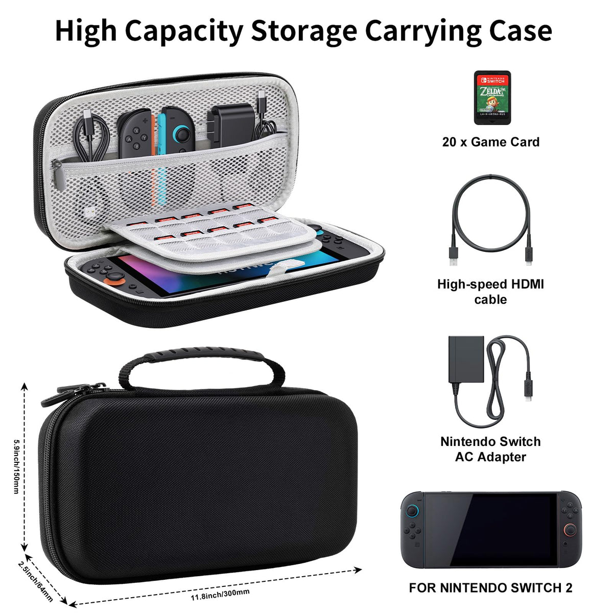 Lmcpa Carrying Case for Nintendo Switch 2 (2025) 7.9 Inch, Protective Hard Shell Portable Switch Travel Case, Lightweight and Large Capacity, Accessories for Switch 2, Black
