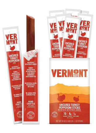 Vermont Smoke & Cure - Turkey Uncured Pepperoni Meat Sticks - Protein Snacks - On the Go Healthier Snack for Adults & Kids - 24 Count