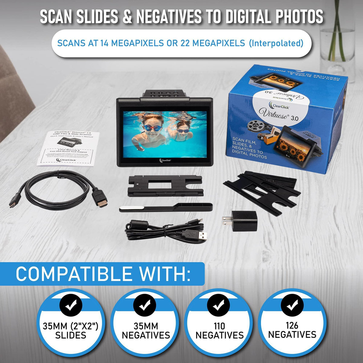 ClearClick Virtuoso 3.0 (Third Generation) 22MP Film & Slide Scanner (35mm, 110, 126) with Large 7" LCD Screen - Convert Slides and Negatives to Digital Photos