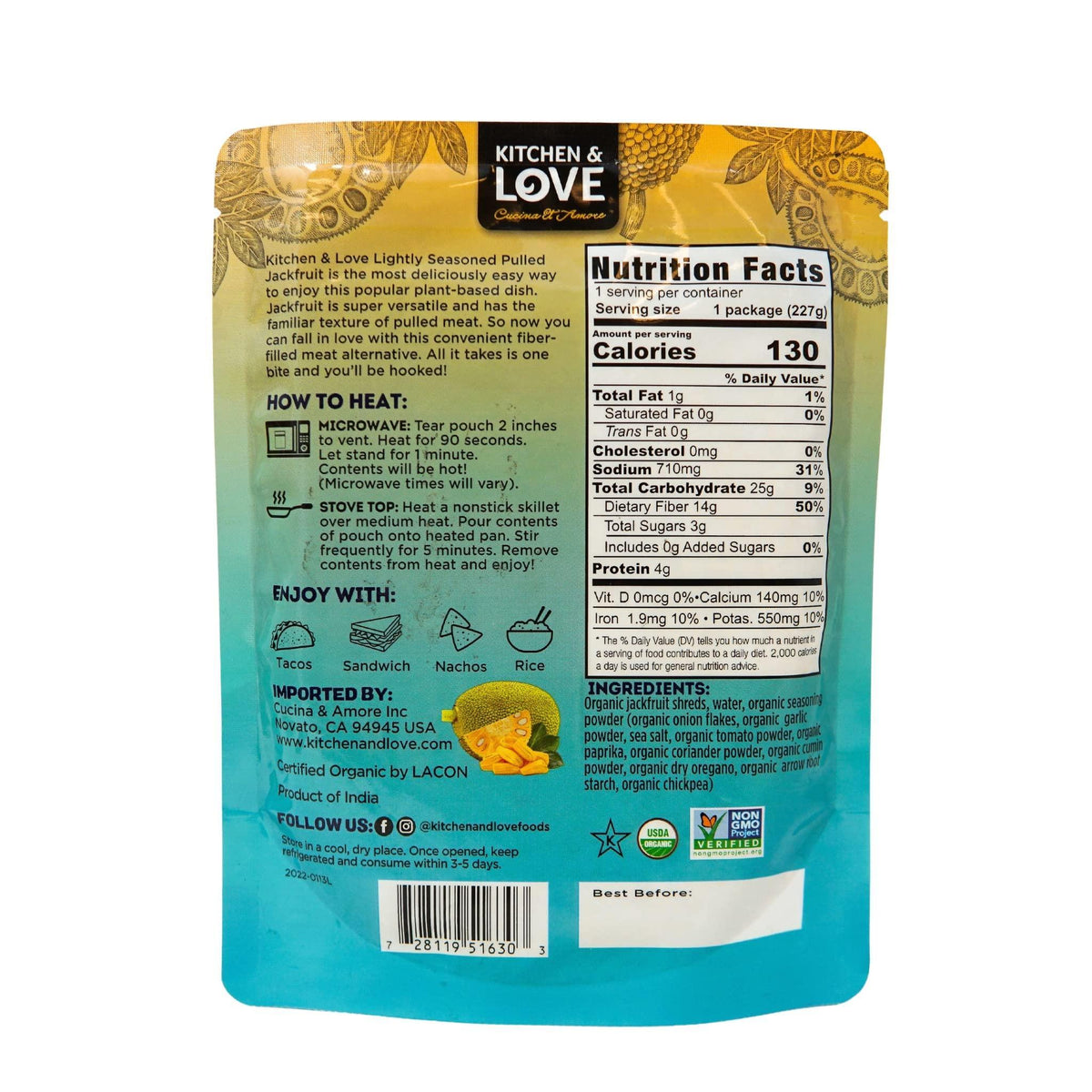 Kitchen and Love, Jackfruit Lightly Seasoned, Organic, Fully Cooked, Versatile Plant Based Meat Alternative, Gluten Free, 90 seconds, High in Fiber, Non GMO Verified, Kosher, Vegan, 8 Oz (Pack of 3)
