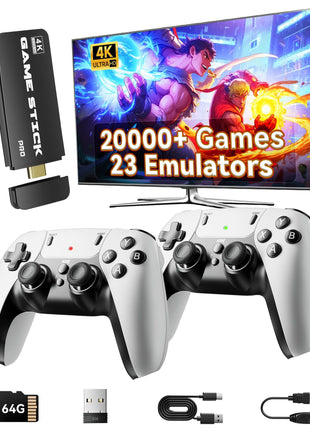 Retro Gaming Console, 20,000+ Retro Game Stick, 4K HD HDMI TV Game Stick, Built-in Classic Video Games 23 Emulators Plug & Play Game Console for TV with 2 Wireless Controllers