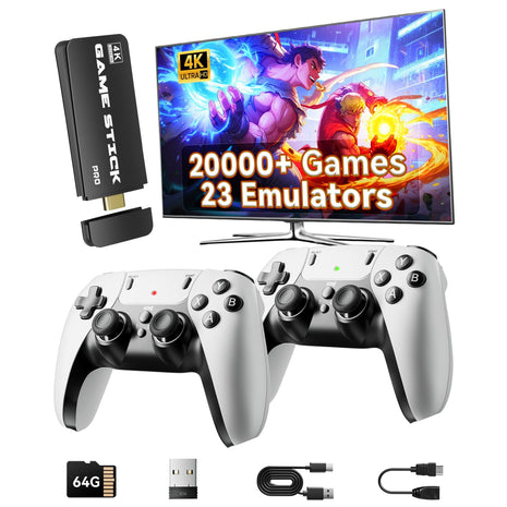 Retro Gaming Console, 20,000+ Retro Game Stick, 4K HD HDMI TV Game Stick, Built-in Classic Video Games 23 Emulators Plug & Play Game Console for TV with 2 Wireless Controllers