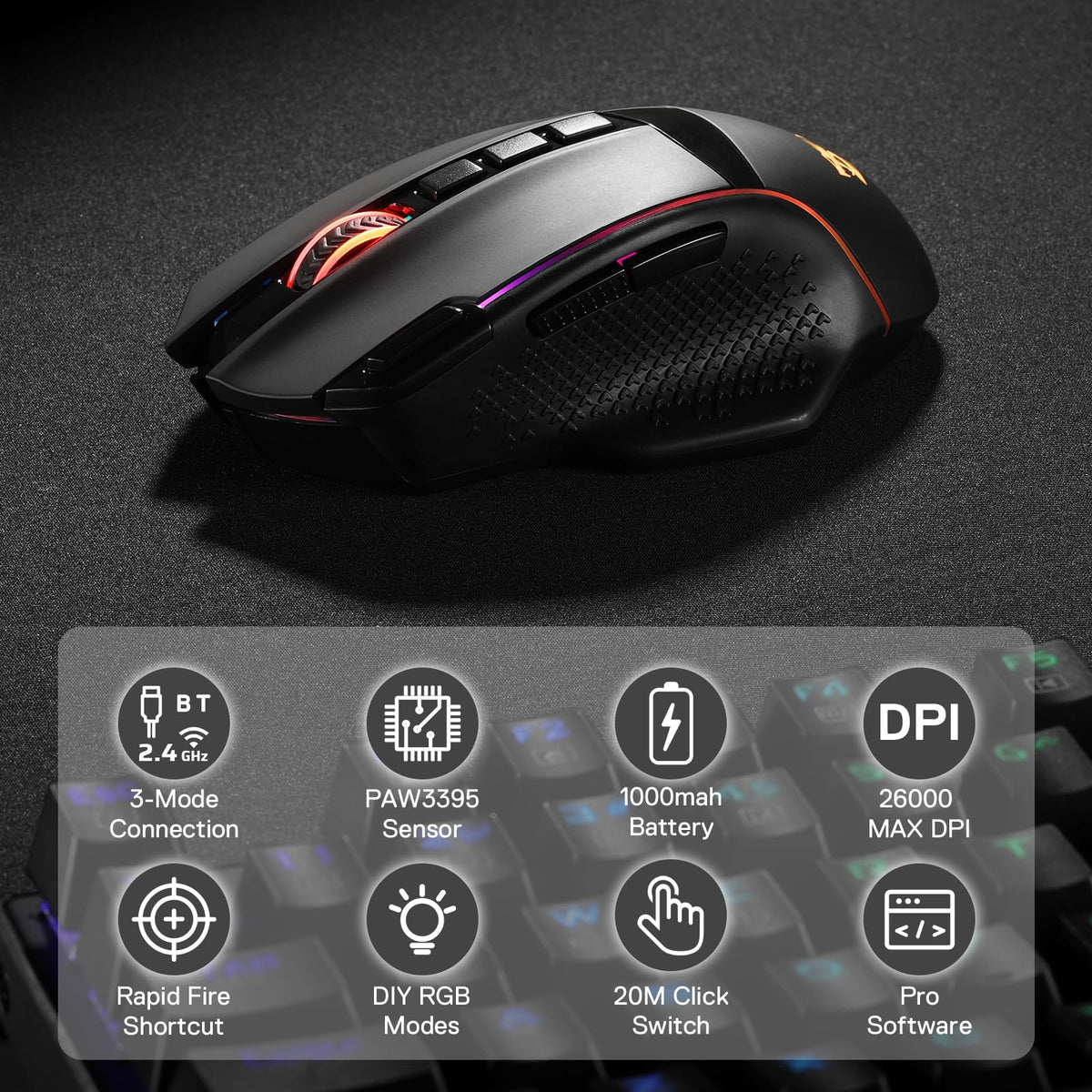 Redragon M991 Wireless Gaming Mouse, 26000 DPI 3-Mode Gamer Mice w/Rapid Fire Key, 9 Macro Buttons, Powerful Capacity and RGB Backlight for PC/Mac/Laptop, Black