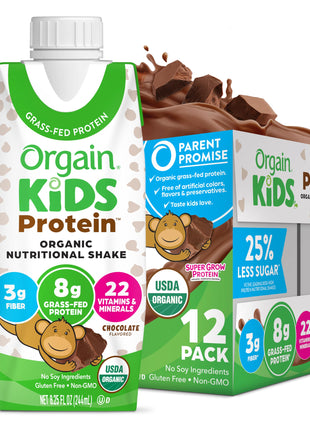 Orgain Organic Kids Protein Nutritional Shake, Chocolate   8g of Protein, 22 Vitamins & Minerals, Fruits & Vegetables, Gluten Free, Soy Free, Non GMO, 8.25 Fl Oz (Pack of 12)
