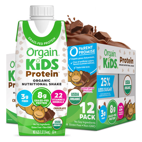 Orgain Organic Kids Protein Nutritional Shake, Chocolate   8g of Protein, 22 Vitamins & Minerals, Fruits & Vegetables, Gluten Free, Soy Free, Non GMO, 8.25 Fl Oz (Pack of 12)