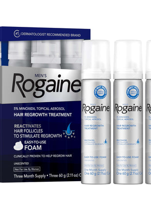 Men's Rogaine 5% Minoxidil Topical Foam, Unscented, 3 Mo Supply, 3x 2.11 Oz | Hair Regrowth Foam, Topical Hair Loss Treatment for Men, Regrow Fuller, Thicker Hair, Unscented, Aerosol, 3-Month Supply