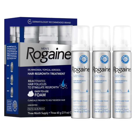 Men's Rogaine 5% Minoxidil Topical Foam, Unscented, 3 Mo Supply, 3x 2.11 Oz | Hair Regrowth Foam, Topical Hair Loss Treatment for Men, Regrow Fuller, Thicker Hair, Unscented, Aerosol, 3-Month Supply