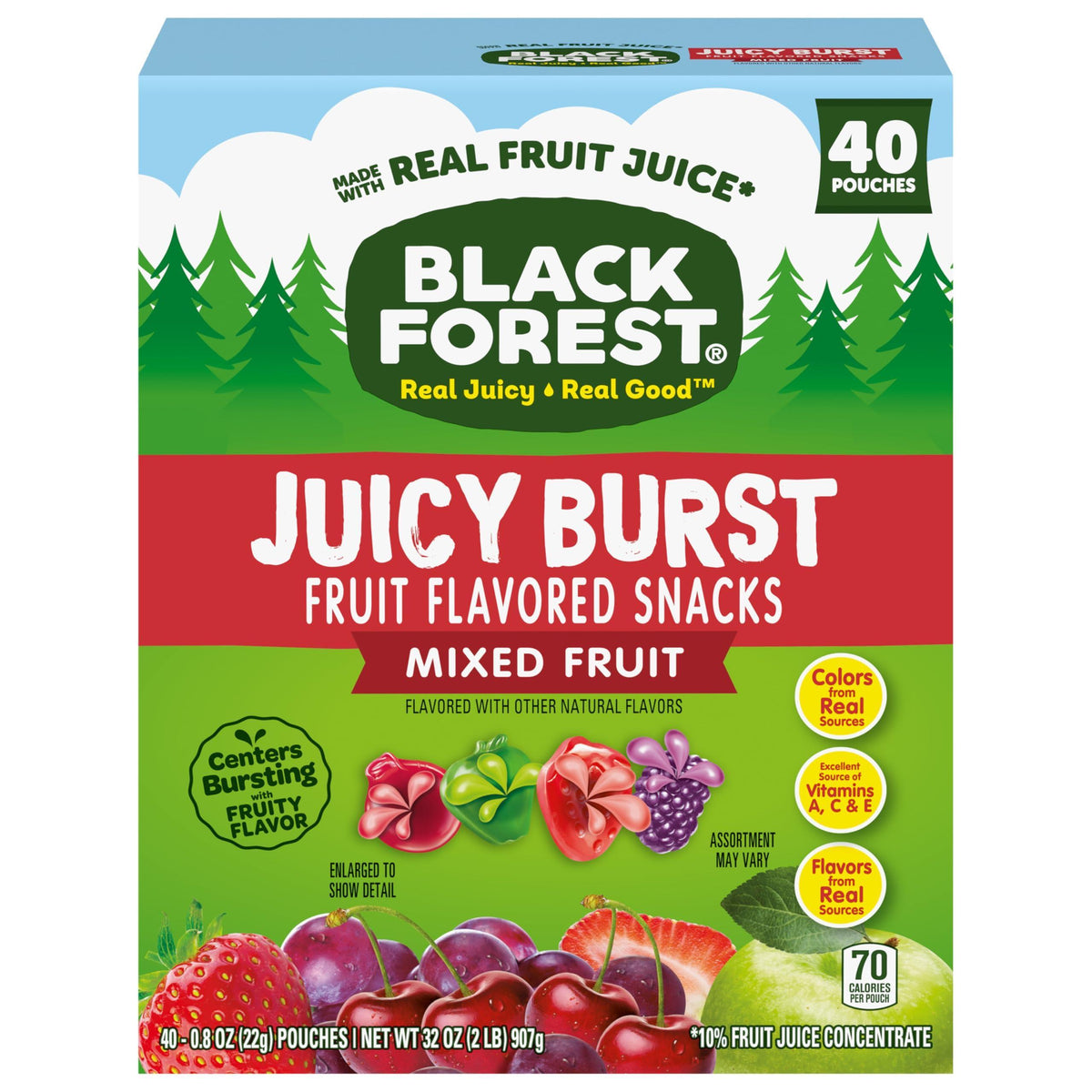 Black Forest, Juicy Burst, Fruit Flavored Snacks, Mixed Fruit Flavors, A Juicy Burst of Natural Flavors, Made with Real Fruit Juice, 0.8 oz 40 ct