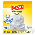Glad ForceFlex Tall Kitchen Drawstring Trash Bags, 13 Gal, Fragrance Free, 110 Ct (Package May Vary)