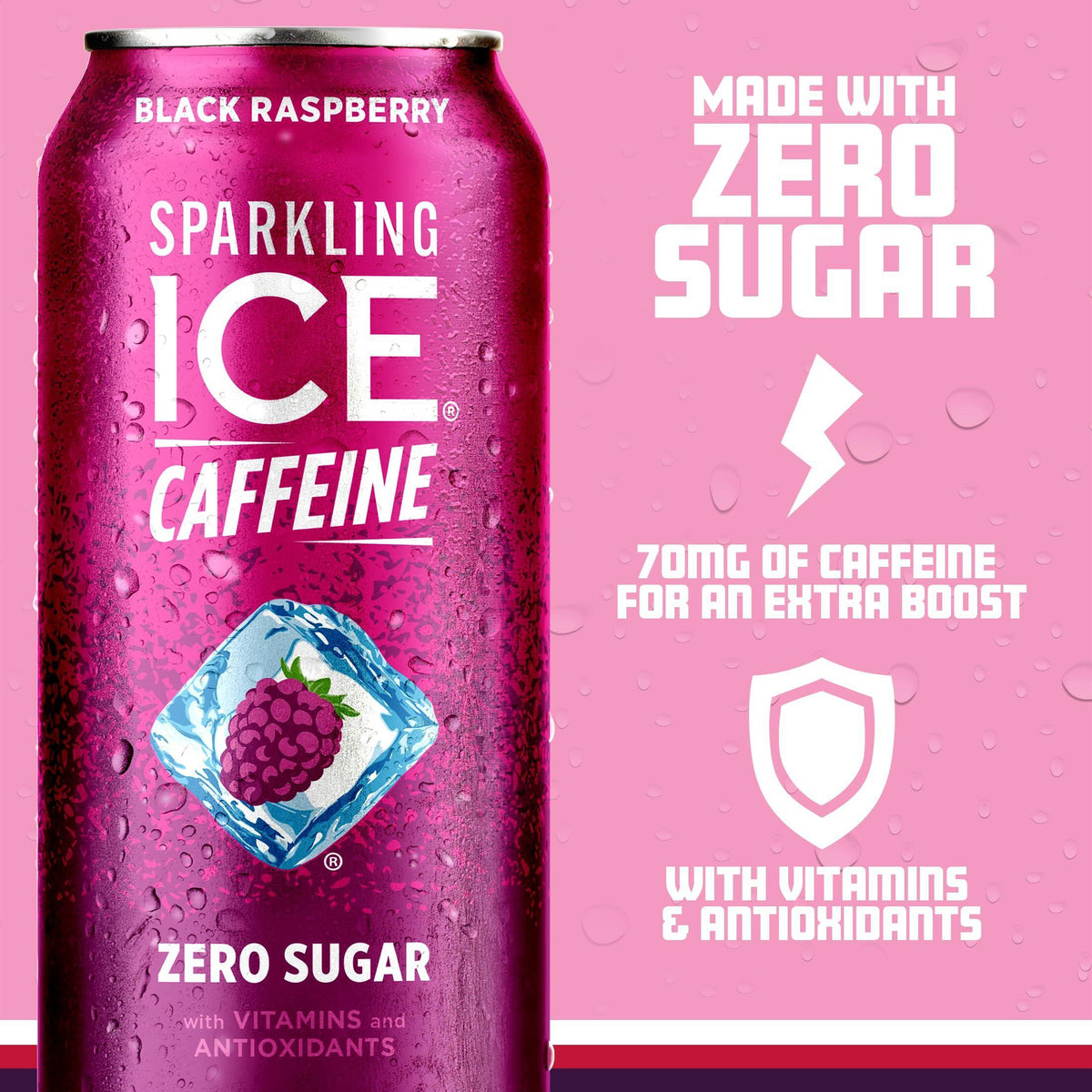 Sparkling Ice Caffeine Black Raspberry Sparkling Water with Caffeine, Zero Sugar, with Antioxidants and Vitamins,16 fl oz Cans (Pack Of 12)