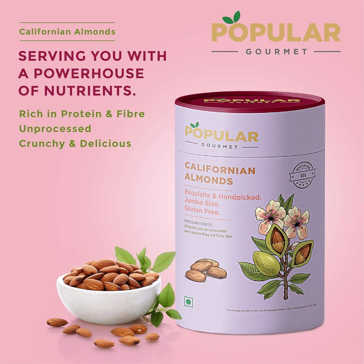 Popular Gourmet Extra Bold Californian Almonds, 200g - Handpicked almonds, Rich in Protein, Magnesium, Phosphorus, and Dietary Fibre, Healthy Snacking option