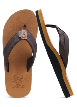 KuaiLu Mens Leather Flip Flops Arch Support Summer Beach Pool Water Thong Sandals Waterproof Essentials Walking Shoes Slip on Orthotic Casual Sport Cushioned Wide Slides Shower Slippers Khaki Size 11