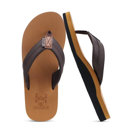 KuaiLu Mens Leather Flip Flops Arch Support Summer Beach Pool Water Thong Sandals Waterproof Essentials Walking Shoes Slip on Orthotic Casual Sport Cushioned Wide Slides Shower Slippers Khaki Size 11