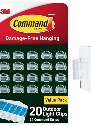 Command Outdoor Light Clips, Clear, 20 Clips, 24 Weather Resistant Strips | Damage-Free Hanging Light Clips with Adhesive Strips, No Tools Mini Wall Hooks for Hanging Decorations in Living Spaces