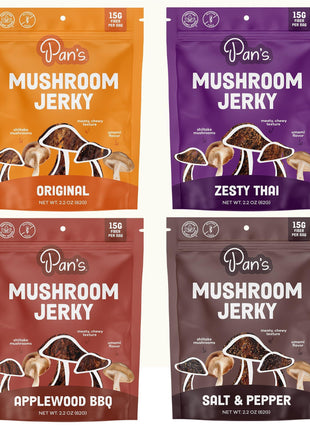 Pan's Mushroom Jerky, Organic, Vegan Snacks, Mushrooms Shitake, Meatless Jerky, Gluten Free, High in Fiber, Variety pack of Original, Zesty Thai, Salt & Pepper, BBQ (2.2 Ounce, Pack of 4)