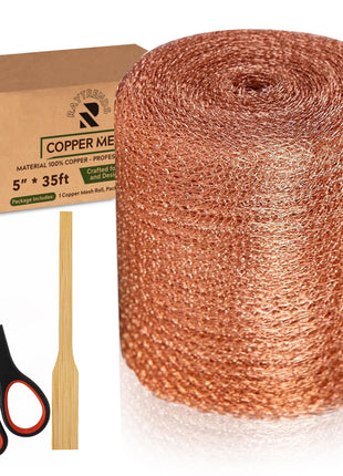 Raytrends Copper Mesh Rodent Control Kit, 5 Inch x 35ft Rustproof Copper Wool Blend, DIY Hole Filler, Complete with Precision Scissors and Packing Tool for Mice & Rodent Defense