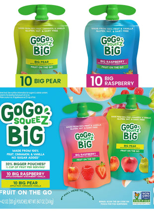 GoGo squeeZ BIG Applesauce & Fruit Puree with Vanilla and Cinnamon Variety Pack, Pear & Raspberry, 4.2 oz. (Pack of 20), Unsweetened Fruit Snacks for Kids, Gluten Free, Nut Free, Dairy Free Pouches