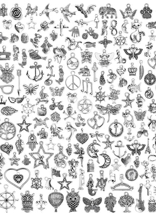 JIALEEY 200 PCS Wholesale Bulk Lots Jewelry Making Charms Mixed Smooth Tibetan Silver Metal Charms Pendants DIY for Necklace Bracelet Jewelry Making and Crafting