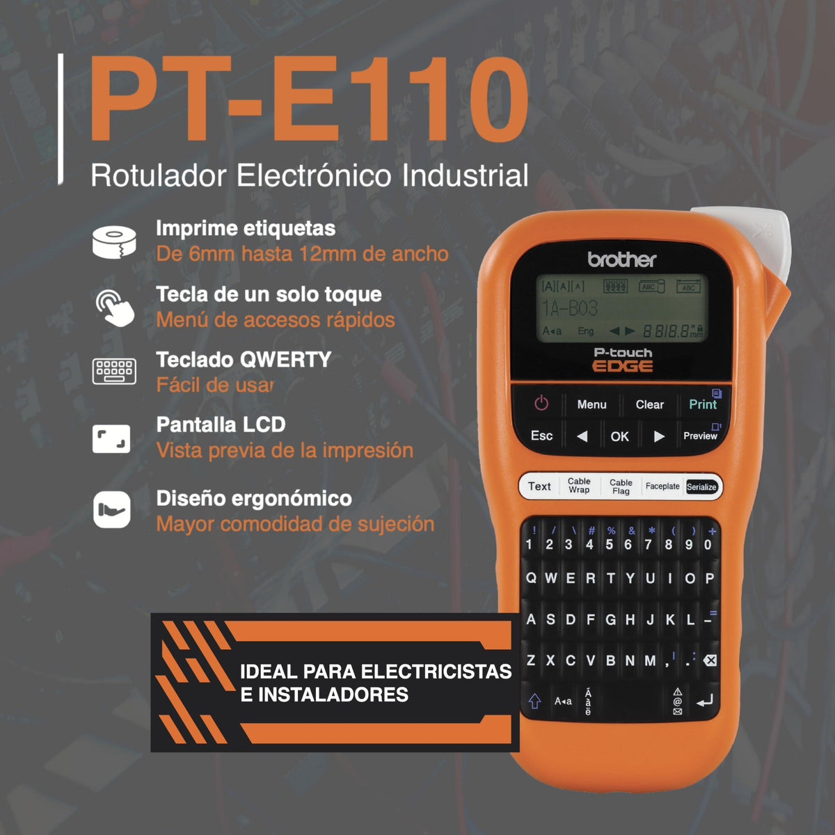 Brother PTE110 Entry Level Industrial Handheld Labeling Tool Kit - Up to 12mm Labels, Orange