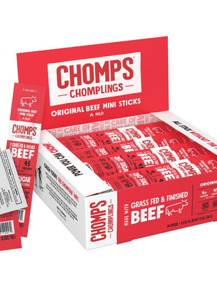 Chomps Snack Size Grass-Fed Original Beef Jerky Snack Sticks 0.5oz 24-Pack - Keto, Paleo, Whole30, 4g Lean Meat Protein, Gluten-Free, Zero Sugar Food, Non-GMO Chomplings